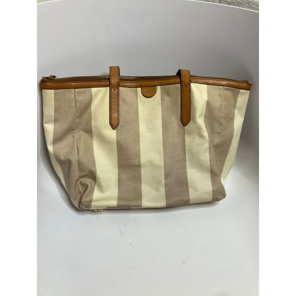 Fossil striped Sydney shopper Tote Bag Womens Large Tan Cream Striped Canvas